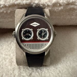 Fossil Black Leather Watch with Silver and Brown Accents